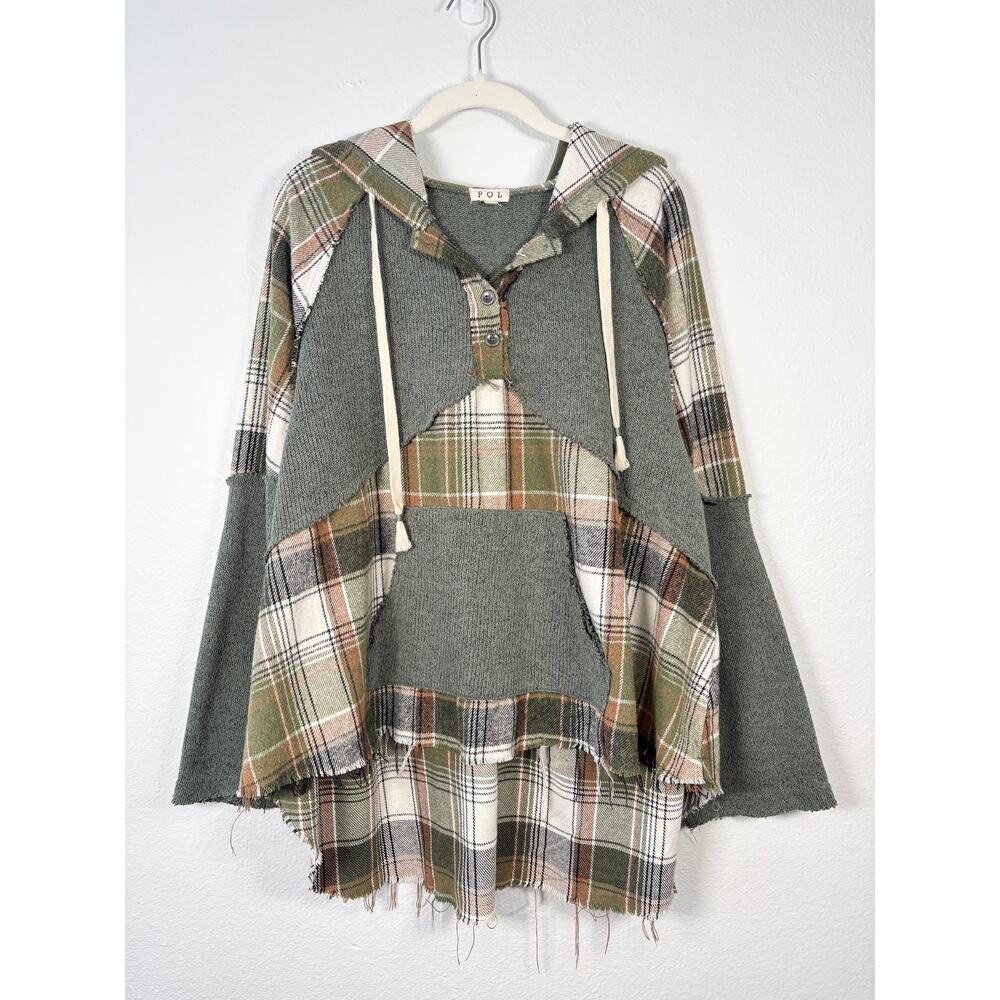 POL Boho Green Patchwork Plaid Long Sleeve Hooded Henley Pullover Sweatshirt